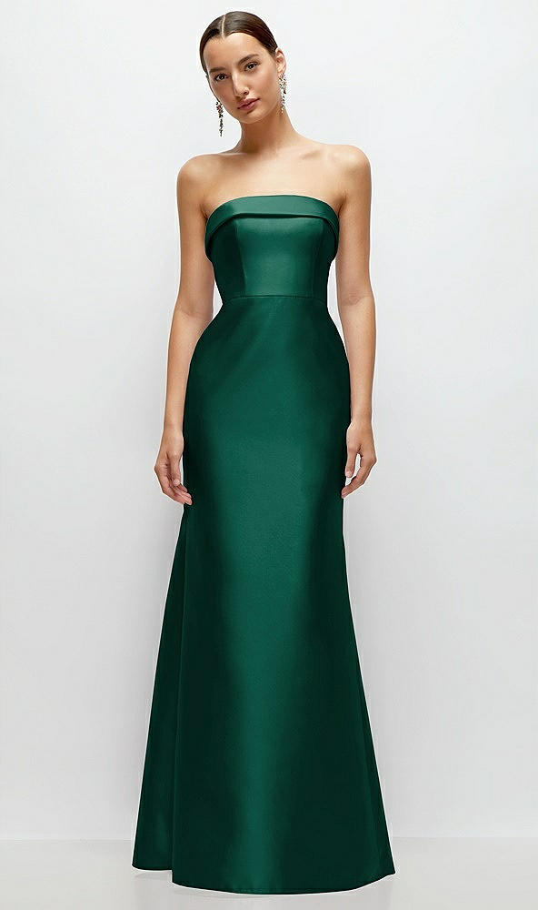 Front View - Hunter Green Strapless Cuff Neckline Satin Trumpet Gown