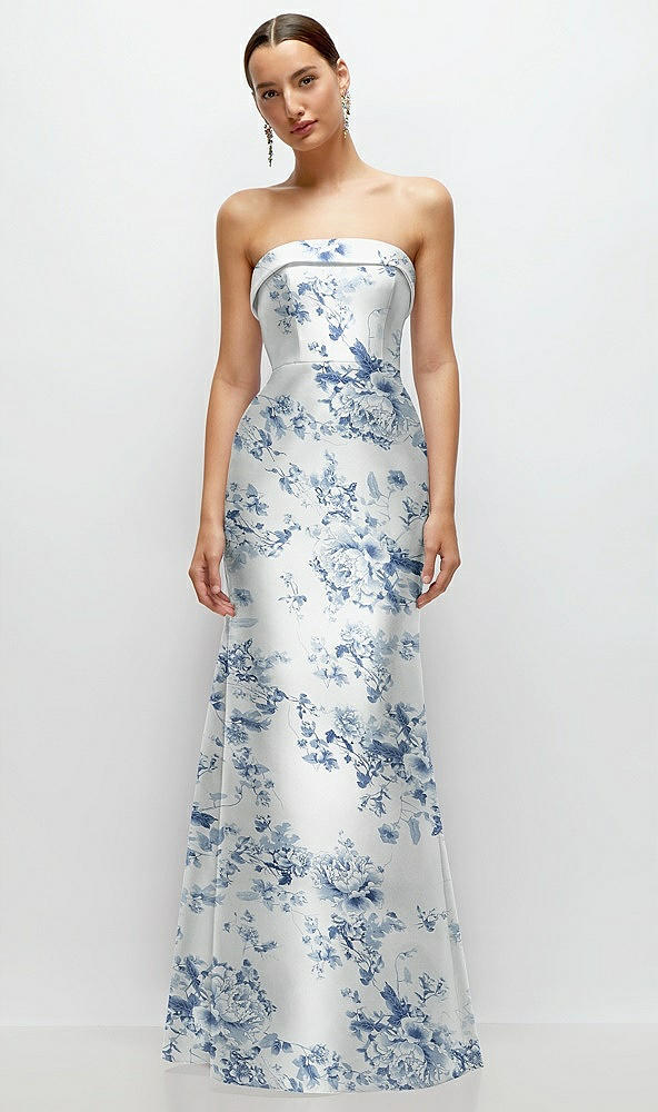 Front View - Cottage Rose Larkspur Strapless Cuff Neckline Floral Satin Trumpet Gown