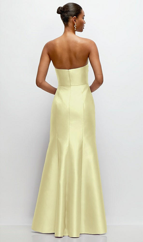 Back View - Butter Yellow Strapless Cat-Eye Draped Bodice Satin Tumpet Dress