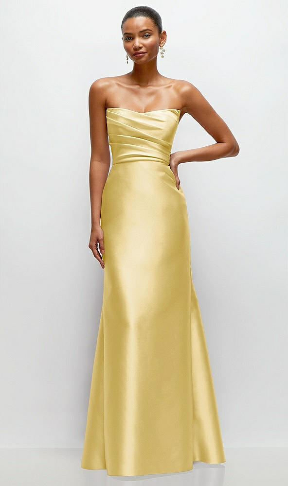 Front View - Maize Strapless Cat-Eye Draped Bodice Satin Tumpet Dress