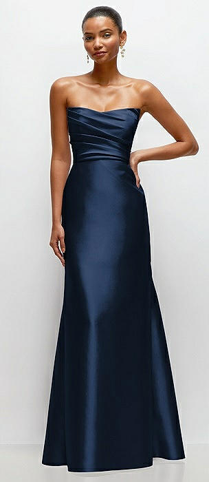 Strapless Cat-Eye Draped Bodice Satin Tumpet Dress