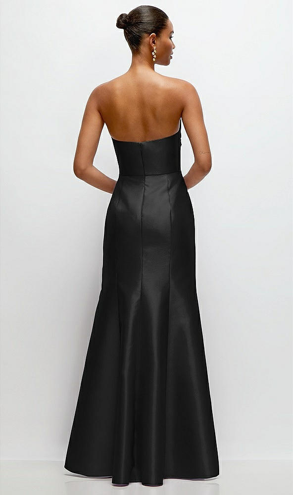 Back View - Black Strapless Cat-Eye Draped Bodice Satin Tumpet Dress