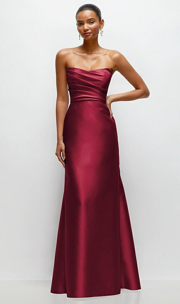 Front View - Burgundy Strapless Cat-Eye Draped Bodice Satin Tumpet Dress