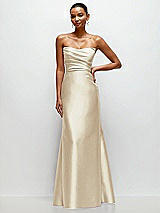 Front View Thumbnail - Champagne Strapless Cat-Eye Draped Bodice Satin Tumpet Dress