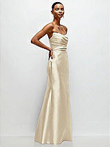 Side View Thumbnail - Champagne Strapless Cat-Eye Draped Bodice Satin Tumpet Dress