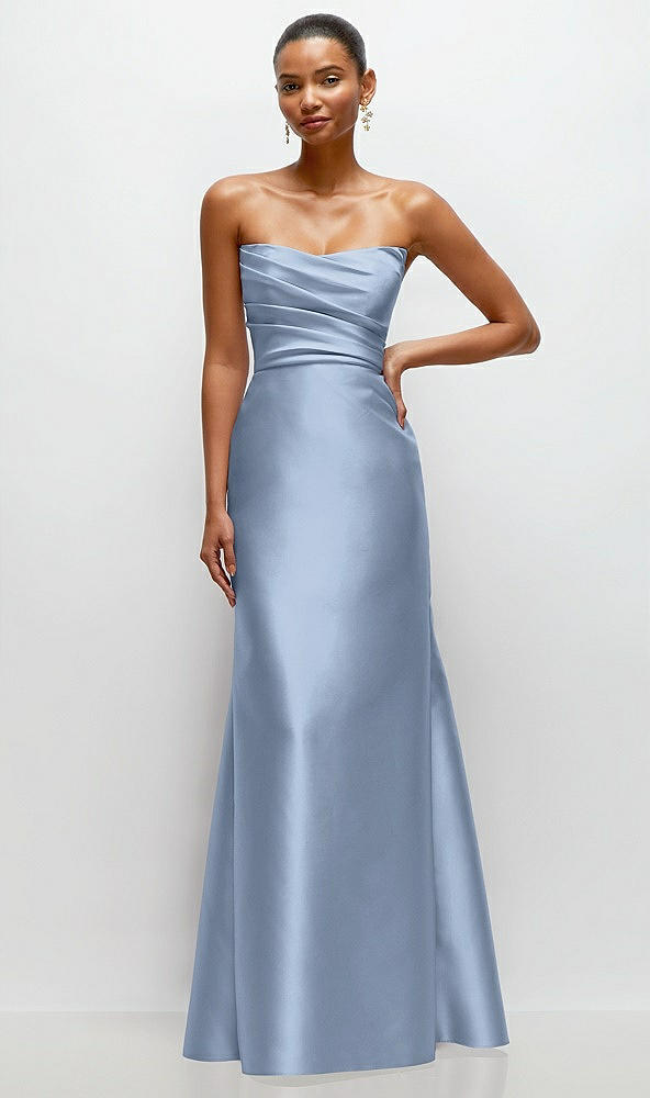 Front View - Cloudy Strapless Cat-Eye Draped Bodice Satin Tumpet Dress