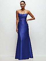 Front View Thumbnail - Cobalt Blue Strapless Cat-Eye Draped Bodice Satin Tumpet Dress