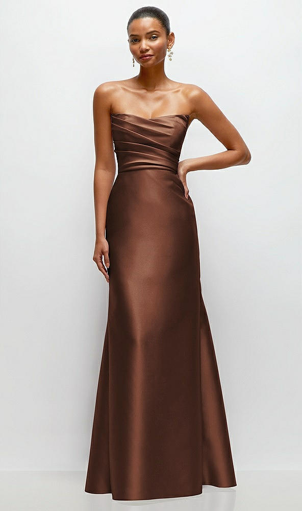 Front View - Cognac Strapless Cat-Eye Draped Bodice Satin Tumpet Dress