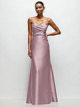 Front View Thumbnail - Dusty Rose Strapless Cat-Eye Draped Bodice Satin Tumpet Dress