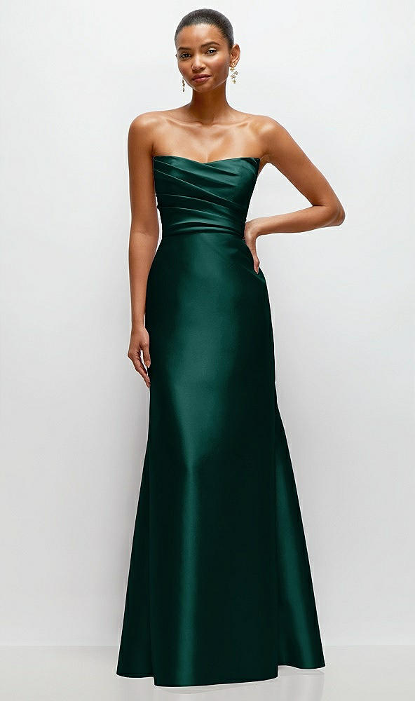 Front View - Evergreen Strapless Cat-Eye Draped Bodice Satin Tumpet Dress