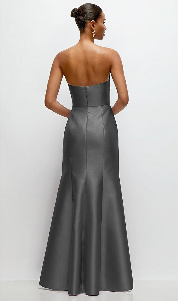 Back View - Gunmetal Strapless Cat-Eye Draped Bodice Satin Tumpet Dress