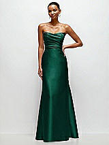 Front View Thumbnail - Hunter Green Strapless Cat-Eye Draped Bodice Satin Tumpet Dress