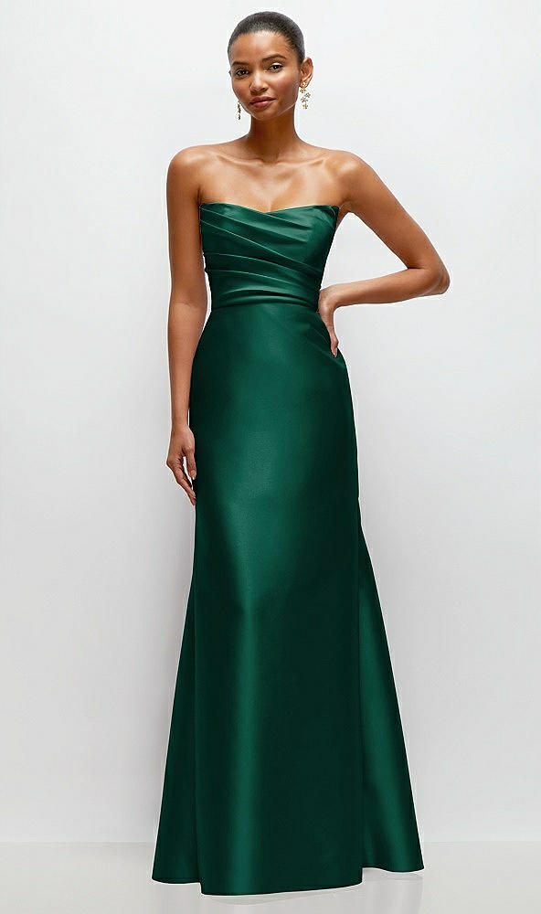 Front View - Hunter Green Strapless Cat-Eye Draped Bodice Satin Tumpet Dress