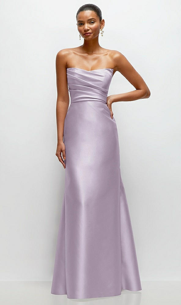 Front View - Lilac Haze Strapless Cat-Eye Draped Bodice Satin Tumpet Dress