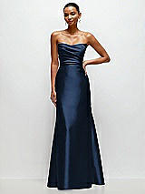 Front View Thumbnail - Midnight Navy Strapless Cat-Eye Draped Bodice Satin Tumpet Dress