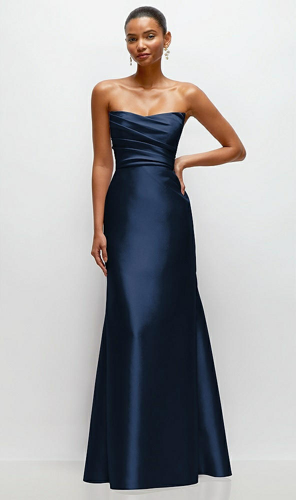 Front View - Midnight Navy Strapless Cat-Eye Draped Bodice Satin Tumpet Dress