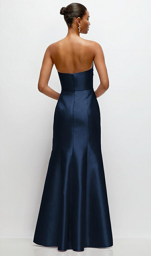 Back View - Midnight Navy Strapless Cat-Eye Draped Bodice Satin Tumpet Dress