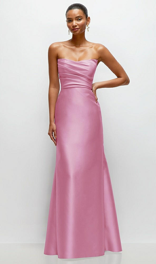 Front View - Powder Pink Strapless Cat-Eye Draped Bodice Satin Tumpet Dress