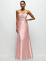 Front View Thumbnail - Rose - PANTONE Rose Quartz Strapless Cat-Eye Draped Bodice Satin Tumpet Dress