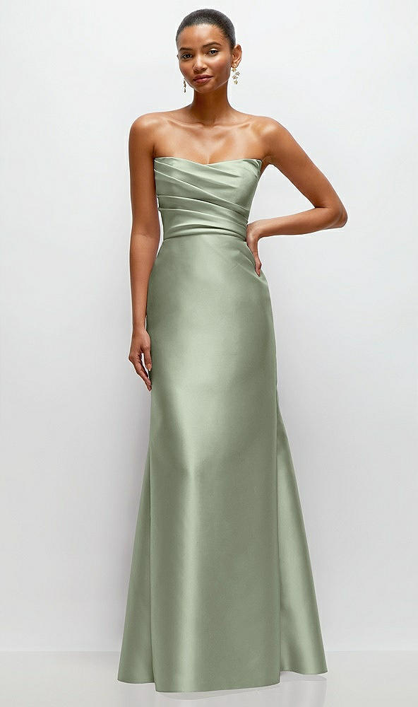 Front View - Sage Strapless Cat-Eye Draped Bodice Satin Tumpet Dress