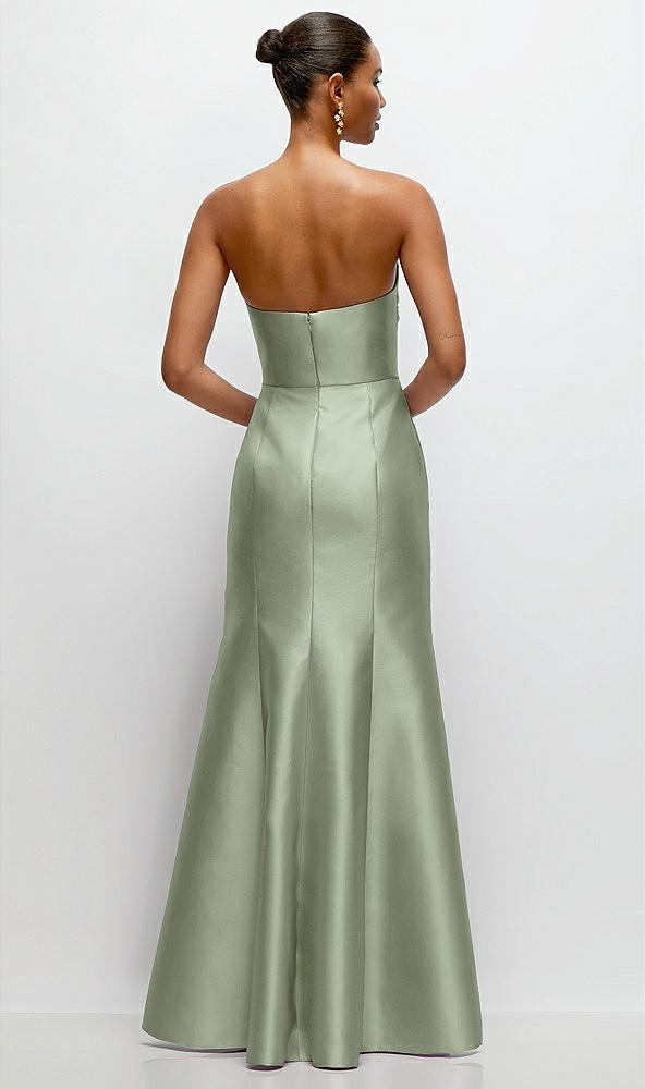 Back View - Sage Strapless Cat-Eye Draped Bodice Satin Tumpet Dress