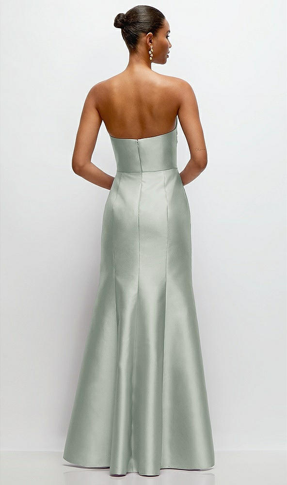 Back View - Willow Green Strapless Cat-Eye Draped Bodice Satin Tumpet Dress