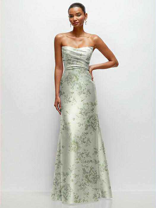 Strapless Cat-Eye Draped Bodice Floral Satin Tumpet Dress