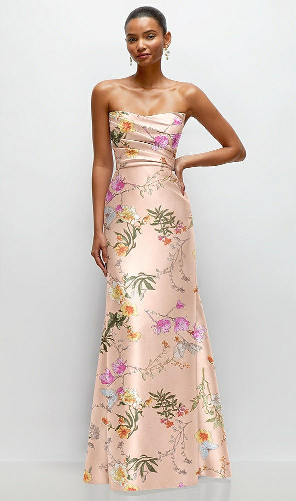 Front View - Butterfly Botanica Pink Sand Strapless Cat-Eye Draped Bodice Floral Satin Tumpet Dress