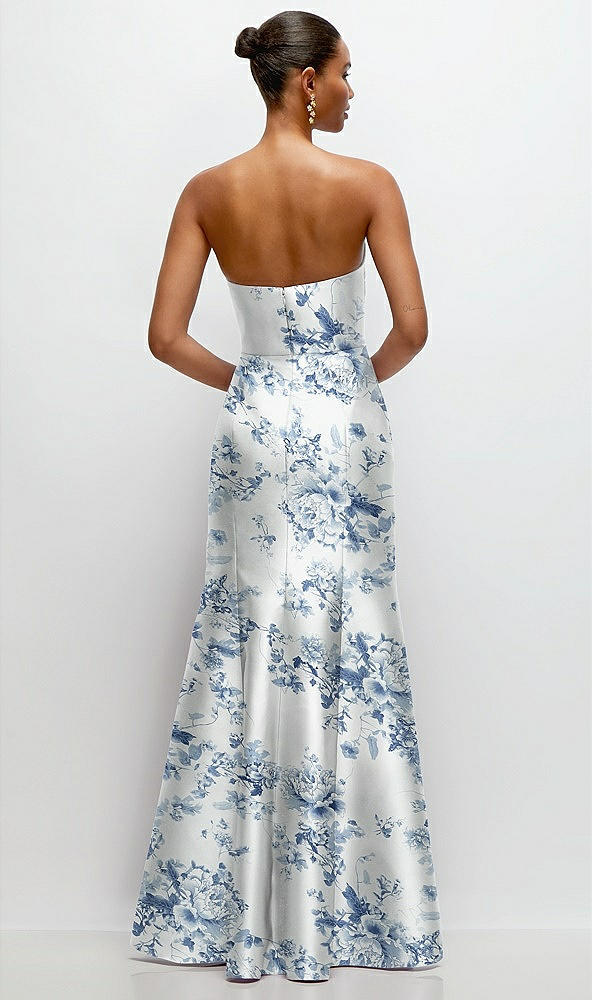 Back View - Cottage Rose Larkspur Strapless Cat-Eye Draped Bodice Floral Satin Tumpet Dress