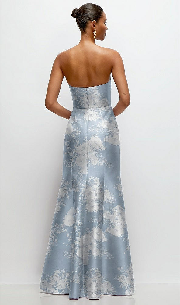 Back View - Porcelain Blue Seraphina Floral Strapless Cat-Eye Draped Bodice Floral Satin Tumpet Dress