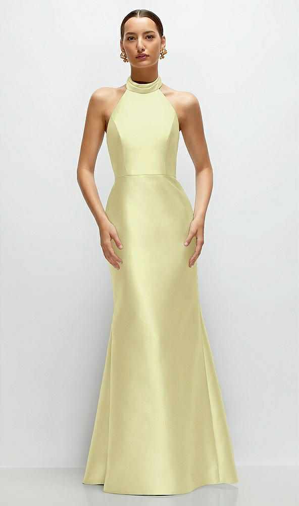 Front View - Butter Yellow High-Neck Halter Open-Back Satin Trumpet Dress 