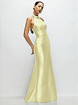 Side View Thumbnail - Butter Yellow High-Neck Halter Open-Back Satin Trumpet Dress 