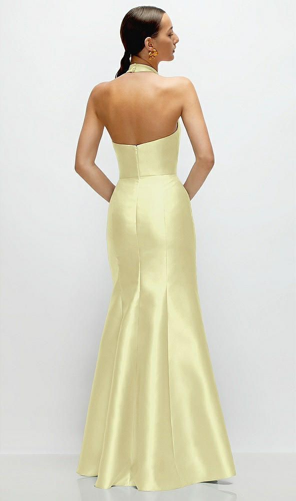 Back View - Butter Yellow High-Neck Halter Open-Back Satin Trumpet Dress 