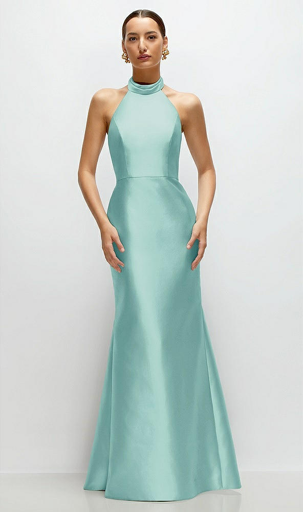 Front View - Coastal High-Neck Halter Open-Back Satin Trumpet Dress 