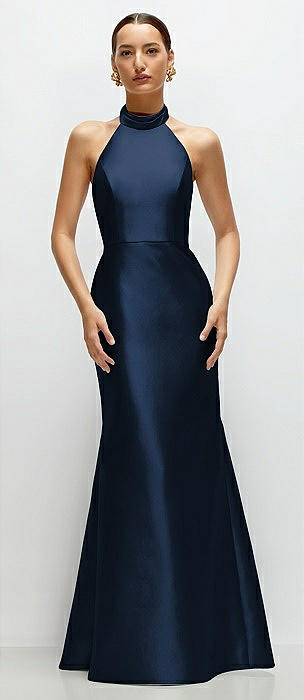 High-Neck Halter Open-Back Satin Trumpet Dress 