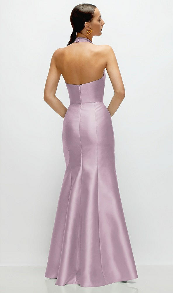 Back View - Suede Rose High-Neck Halter Open-Back Satin Trumpet Dress 