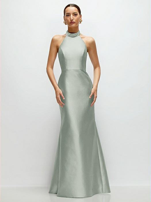 High-Neck Halter Open-Back Satin Trumpet Dress 