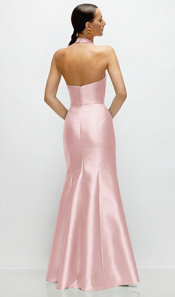 Back View - Ballet Pink High-Neck Halter Open-Back Satin Trumpet Dress 