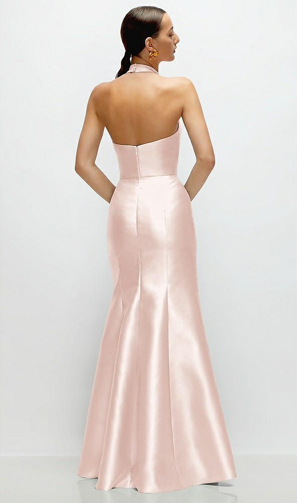 Back View - Blush High-Neck Halter Open-Back Satin Trumpet Dress 