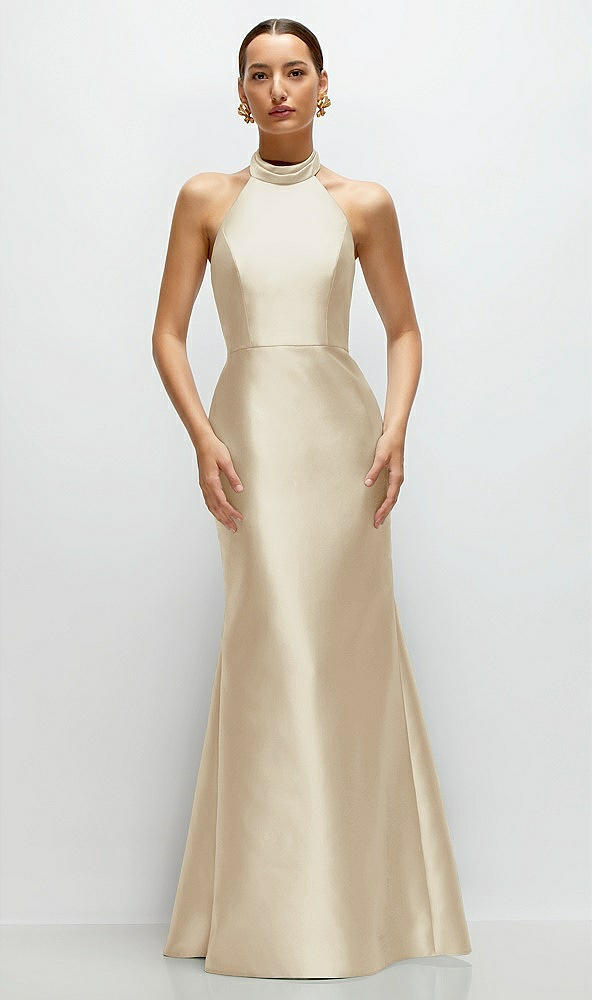 Front View - Champagne High-Neck Halter Open-Back Satin Trumpet Dress 