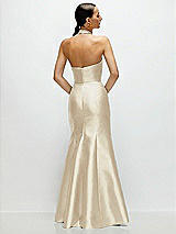 Rear View Thumbnail - Champagne High-Neck Halter Open-Back Satin Trumpet Dress 