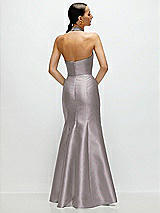 Rear View Thumbnail - Cashmere Gray High-Neck Halter Open-Back Satin Trumpet Dress 