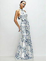 Side View Thumbnail - Cottage Rose Larkspur High-Neck Halter Open-Back Floral Satin Trumpet Dress 