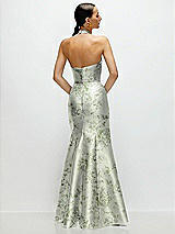 Rear View Thumbnail - Sage Cottage Rose High-Neck Halter Open-Back Floral Satin Trumpet Dress 