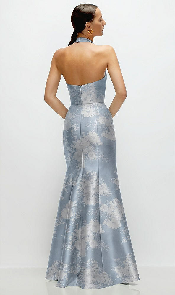 Back View - Porcelain Blue Seraphina Floral High-Neck Halter Open-Back Floral Satin Trumpet Dress 