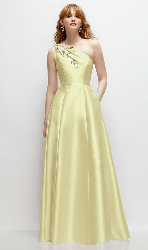 Front View - Butter Yellow One-Shoulder Full A-Line Satin Gown with Handworked Floral Appliqué