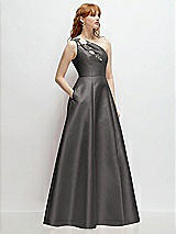 Side View Thumbnail - Caviar Gray One-Shoulder Full A-Line Satin Gown with Handworked Floral Appliqué