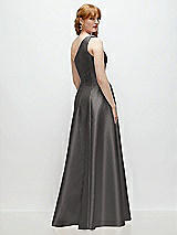 Rear View Thumbnail - Caviar Gray One-Shoulder Full A-Line Satin Gown with Handworked Floral Appliqué