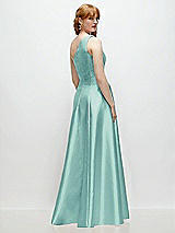 Rear View Thumbnail - Coastal One-Shoulder Full A-Line Satin Gown with Handworked Floral Appliqué