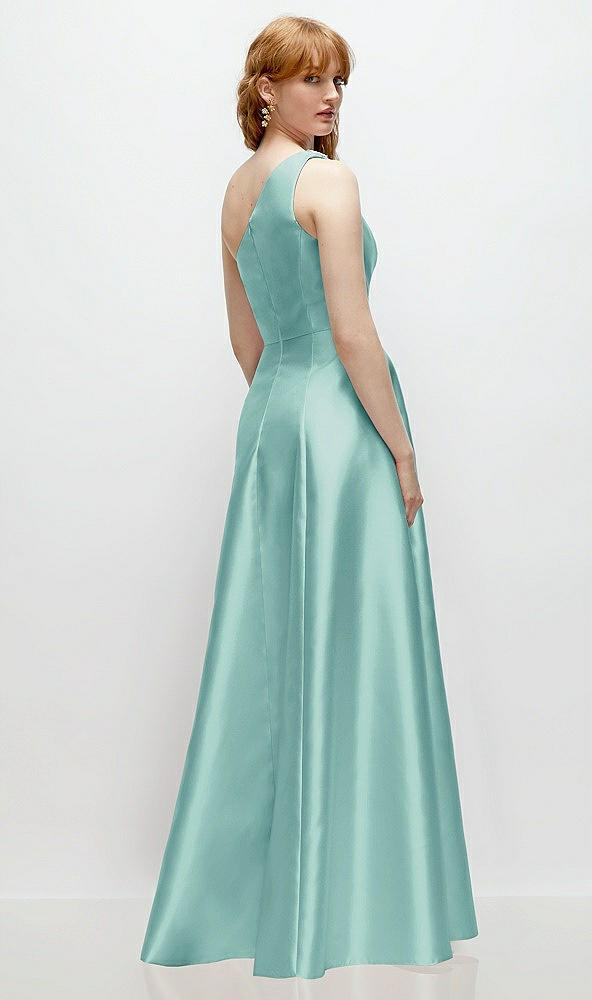 Back View - Coastal One-Shoulder Full A-Line Satin Gown with Handworked Floral Appliqué